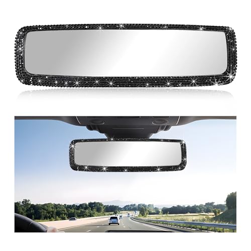 YTFRL Car Bling Rear View Mirror, Sparkly HD Glass Crystal Diamond Studded Rhinestone Rearview Mirror, Decorative Rearview Mirrors for Women, Teens, Girls, Universal Car Accessories (Black)