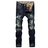chouyatou Men's Retro Washed Casual Frayed Ripped Holes Straight Leg Denim Pants (42, Blue)