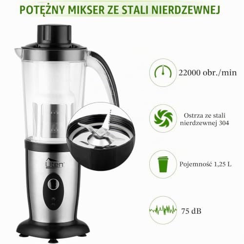 Uten Blender Smoothie, 5 w 1 Mini Blender Kuchenny, 220 W Sokowirówka do smoothie, przenośny mikser z maszynką do mięsa, do uprawiania sportu, podróży i domu, 22000 obr/min, owoc i warzyw