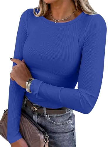 ANRABESS Women Long Sleeve Shirts Rib Knit Slim Fit Tops Basic Tee 2025 Fall Outfits Casual T-Shirt Underscrubs Layer Clothes Royal Blue Medium