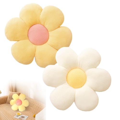 Flower Pillow, 2PCS Daisy Cushion, 38x38cm Flower Floor Cushion Pillow, Daisy Window Seat Throw Pillow, Cushions for Room Decor, Daisy Seat Pads for Car Home Sofa Chair and Floor(Yellow, White)
