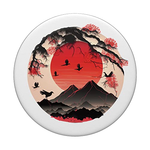 Heavenly Horizon Japanese Scenery of Blossoms and Mountains PopSockets Swappable PopGrip, Black - Image 3