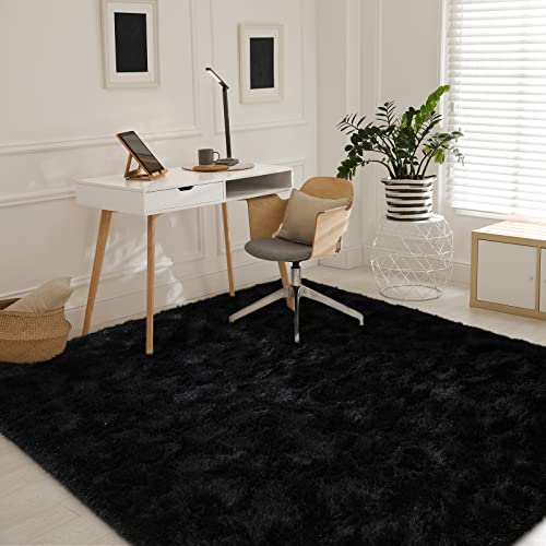 Washable Fluffy Rug For Living Room(Black 8'X10' +Black 4'X6') Shag Area Rug For Bedroom Office Nursery Room, Throw Shaggy Furry Carpet Rectangle Faux Fur Plush Rugs For Beside Teen Room Home Décor #TOP4