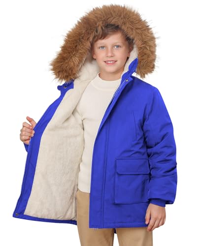Lovekider Boys Light Blue Winter Coat - Puffer Jacket with Removable Faux Fur Hood?Warm Fleece Lined Parka Outerwear, Size 5-6T