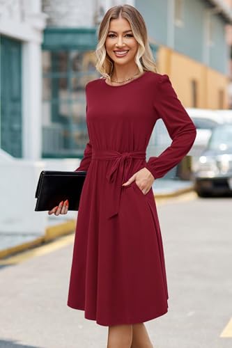 Image of Newshows Womens Long Sleeve Casual Dresses 2025 Business Work Teacher Fall Church Belted A Line Flowy Midi Dress