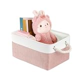LordCom Storage Bins with Sturdy Cotton Handles(1 Pack), Fabric Storage Baskets for Organizing use for Office & Home, Book, Clothes, Toys, Closet Boxes (Small, Pink-White, 12.2x8.3x6.3 inches)