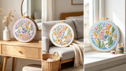Image of Konrisa Blossoms Embroidery Kit for Adults Beginners, Floral Stamped Embroidery Starter Kit DIY Sewing Practice, Needlepoint Cross Stitch Set of 3