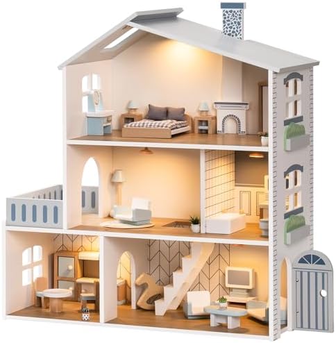 ROBUD Puppenhaus aus Holz Lichtern,3 Etagen, inklusive Möbeln und Treppe,Spielzeug für Kinder ab 3 Jahre