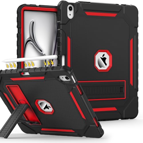 Grifobes Case for iPad Air 13-inch (M4/M3/M2) 2026/2025/2024, Heavy Duty Shockproof Rugged Protective Cover with Pencil Holder/Built-in Stand for i Pad Air 13" (Black+Red)