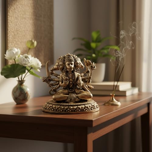 Image of eCraftIndia Golden Brass Panchmukhi Hanuman Ji Murti | Panchmukhi Hanuman Statue for Door Entrance