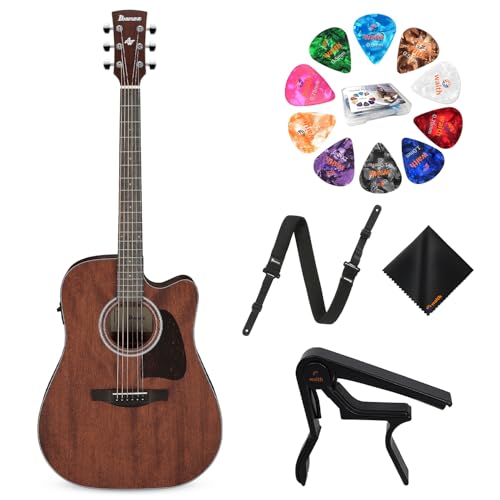 Ibanez AW54CE 6 String Artwood Series Acoustic/Electric Guitar - Open Pore Natural Finish with GSF50 Powerpad Strap, String Capo, 15 Guitar Picks, Organizer Storage Box & Cleaning Cloth - Bundle Kit