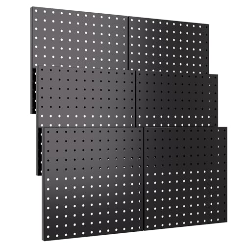INCLY 6 Pack 12"x12" Black Metal Pegboard Panels, Heavy Duty Pegboard Wall Organizer with Frame, Black Peg Board for Walls, Garage, Workbench, Shed, Kitchen, Craft Room Tool Organization