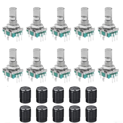 Belnotelt 10Pcs EC11 Rotary Encoder Switch, 360-Degree 5-Pin Digital Potentiometer with Knob for Industrial Control, Robotics, Camera Lens, 15mm/20mm(Half shaft 15mm)