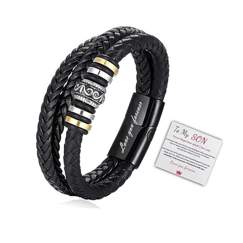GAUEIOUR Leather Bracelet for Son, Men's Multi-Layer Braided To My Son Love You Forever Leather Bracelet, Men's Knitting Jewelry(Black + Card)