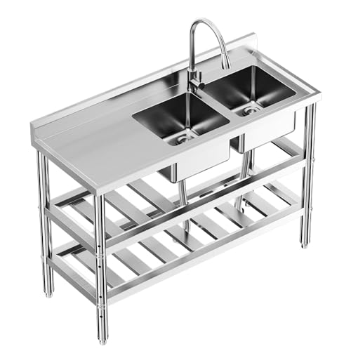 Stainless Steel Utility Sink with Pull-Down Faucet - 47x18x32 Inch Freestanding Double Bowl Commercial Sink Set, NSF Certified for Kitchen, Restaurant & Garage Use