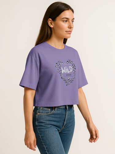 Image of HELLCAT Beige Printed Loose Fit Crew-Neck Crop T-Shirt for Women