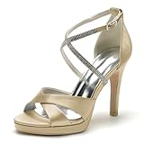 HFWXYSA Mujer Satén Sandalias De Novia De Boda con Tacón Aguja Plataforma Punta Abierta Correa De Tobillo Zapatos De Fiesta,Champagne,39 EU