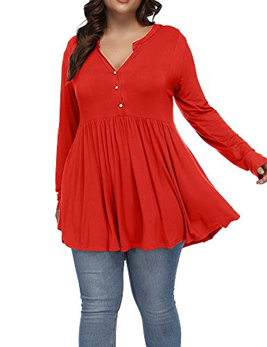 Allegrace Women's Plus Size Henley V Neck Button Tunic Tops Long Sleeve Swing Flowy Shirts Red 3X