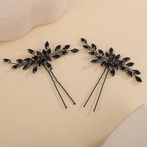 Rumtock 2pcs Black Crystal Beads Hair Pins Wedding Bridal Hair Piece Handmade Sparkle Hair Jewelry for Special Occasion (Black)