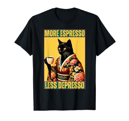 More Espresso Less Depresso Kimono Cat Japanese Art Maglietta