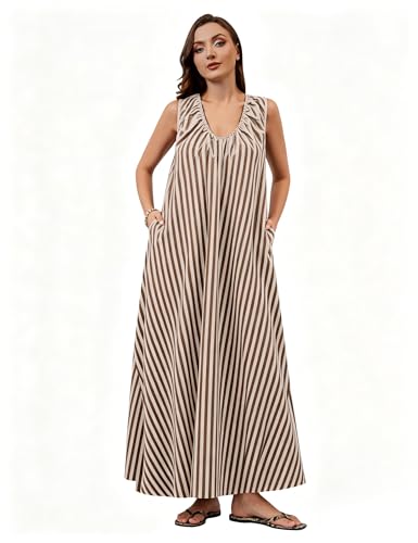 Image of Livtany Women's Scoop Neck Ruched Maxi Dress Flowy Swing Wide Straps Long Dress Casual Sleeveless Sundress with Side Pockets
