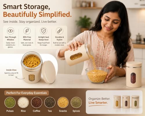Image of SR (Set of 4) Oval Window Plastic Storage Container (1000ml) | Airtight Kitchen Storage Containers | Containers for Kitchen Storage with Window for Snacks, Dry Fruits, Tea & Coffee (Multicolor)
