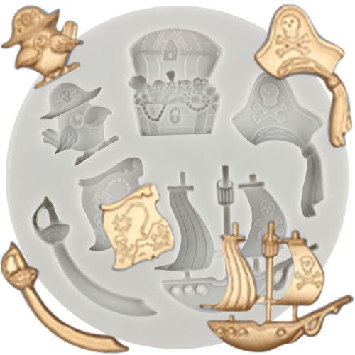 QDMOLDS Pirate Theme Silicone Mold Pirate Ship Treasure Chest Fondant Mold