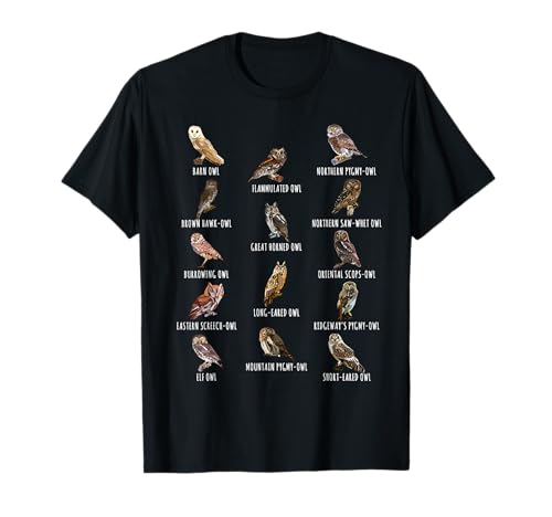Different Owls Species Biology Types Of Owl Identification T-Shirt