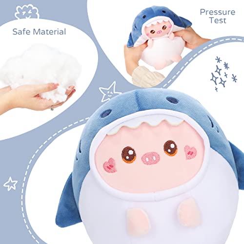 Aixini Cute Pig Shark Plush Pillow 8" Piggy Shark Stuffed Animal, Soft Kawaii Pink Pig Plushie With Blue Shark Outfit Costume Gift For Kids #TOP2
