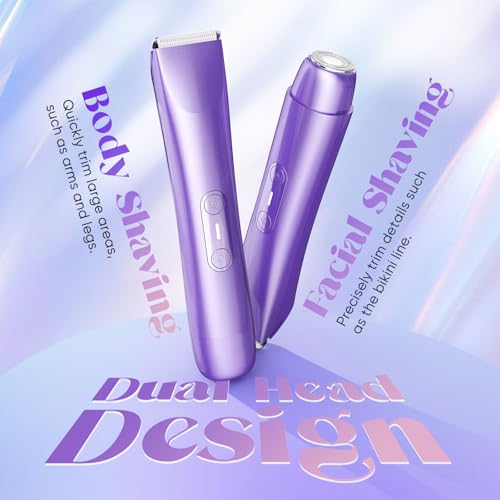 Bikini Trimmer for Women, 2 in 1 Dual Head Electric Razors, IPX7 Waterproof & Painless Shaver, Cordless Pubic Hair Trimmer for Leg Face Underarm Body Hair Removal, Purple — view 2