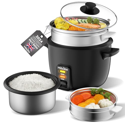 Olla arrocera, olla arrocera de 2 litros con vaporizador de alimentos, vaporizador de arroz con olla interior antiadherente para hacer sopas, guisos, granos, cereales, función de mantener el calor