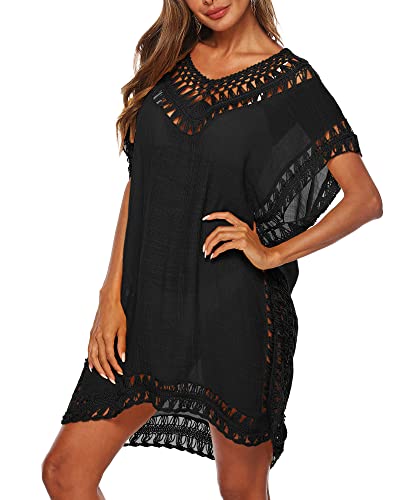 Image of SANSIWU Women Swimsuit Cover Ups Solid Color Cutout Beach Cover Ups V-Neck Short Sleeve Hollow Out Crochet Dress Beachwear (Black, One Size)