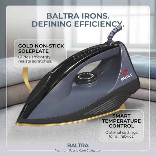 Image of BALTRA BTI-172 Sleek Dry Iron for Clothes 1000W Press, Greblon Non Stick Golden Soleplate with German Technology | Shock Proof Body | Wrinkle Free Clothes in One Shot | 2 Years Replacement Warranty