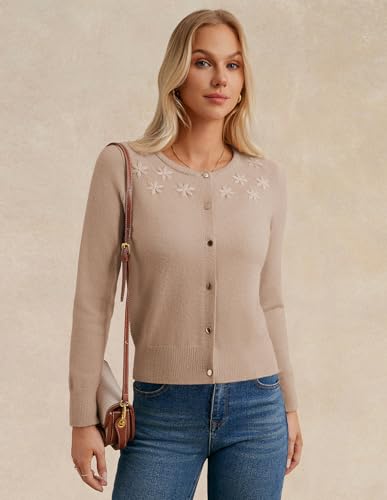 GRACE KARIN Women's Long Sleeve Knitted Cardigan Sweaters Crew Neck Button Up Fuzzy Flower Sweaters Fall Outfits4