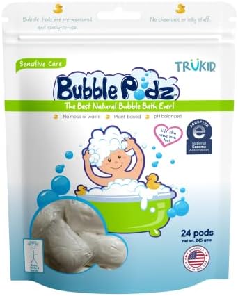 TruKid Bubble Podz Bubble Bath for Baby & Kids, NEA-Accepted for Eczema, Gentle Refreshing Colloidal Oatmeal Bath Bomb for Sensitive Skin, pH Balance 7 for Eye Sensitivity, Unscented (24 Podz)