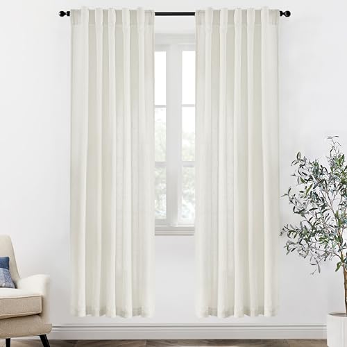 Image of XTMYI 80 Inch Closet Curtains for Bedroom Closet Door,Linen Cotton Boho Semi Sheer Back Tab Pleated Easy Open Sliding Closet Door Curtains,80 Inches Long,2 Panels Set,Cream Ivory Off White