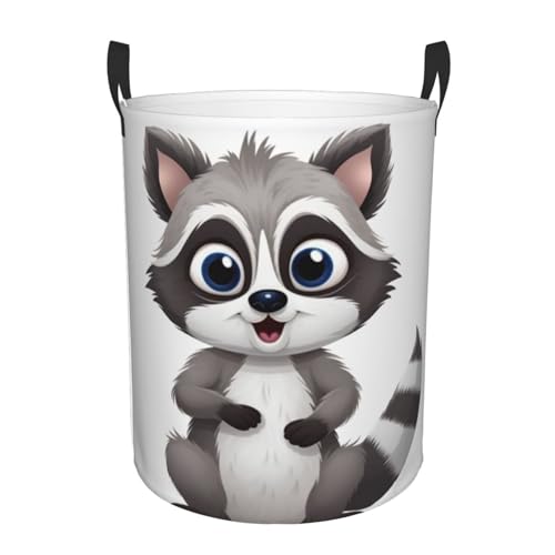 Cartoon cute raccoon print Circular Hamper Waterproof Storage Bin Organizer Basket Laundry Hamper With Handles For Clothes Toys Medium