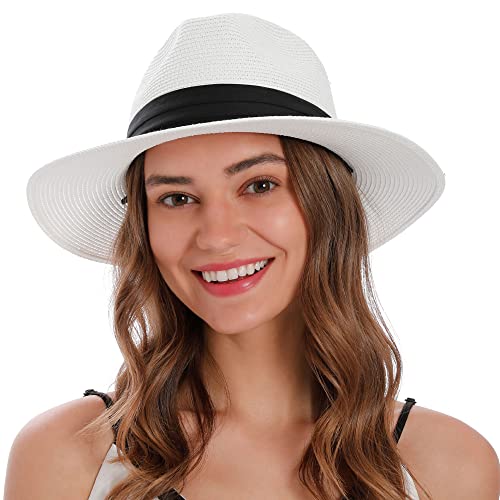 Womens Sun Hat Wide Brim Fedora Hat Cute Straw Hats for Women Panama Beach Hats for Women Foldable White Fedora Women Straw Floppy Hat,White