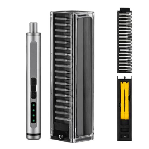 Destornillador eléctrico: construcción de aleación de ABS de 4,5 x 4,2 x 18 cm, funciona con batería recargable, soporte magnético para puntas, juego de puntas de 36 piezas incluido | Herramienta de p