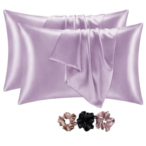 GO WELL Satin Silk Solid Pillow Cover for Hair and Skin 2 Piece with 3 Piece Satin Scrunchies for Women|Silk Pillow Covers with Envelope Closure End Design|Silk Pillow Cases(Light Purple) 600 Tc