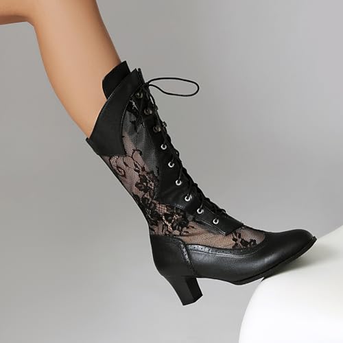 Goth Victorian Boots for Women Gothic Chunky Heels Lace Fishnet Mid-calf Boot Lace-up Wedding Cosplay Witch Costume Booties Shoes4