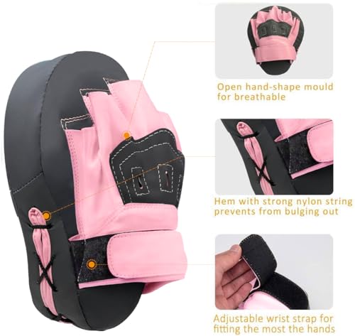Image of Valleycomfy Boxing Curved Focus Punching Mitts- Leatherette Training Hand Pads,Ideal for Karate, Muay Thai Kick, Sparring, Dojo, Martial Arts(Gray & Pink)