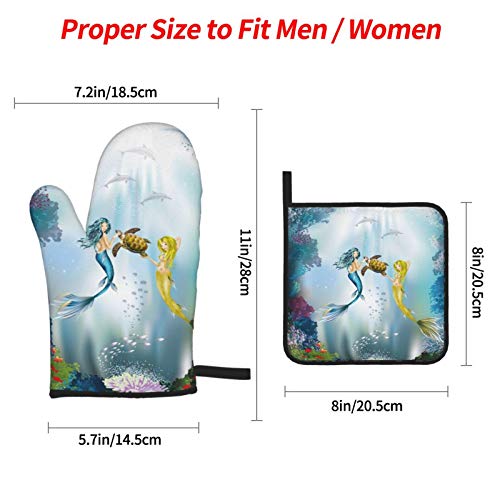 4-Piece Set Oven Mitts And Potholders, Marine Mermaid Sea Turtle Dolphin Coral Reef Fish Baking Glove And Pot Holder For Cooking Bbq #TOP1