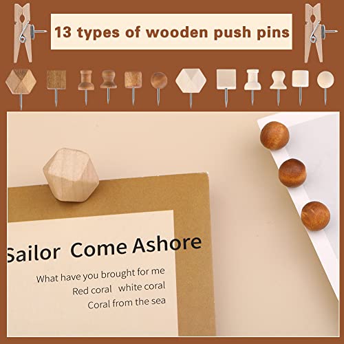 image for IMZAY 270 Pcs Wood Push Pins, 2 Colors and 7 Types Decorative Thumb Ta