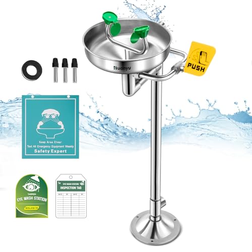 Image of Huanyu Stand Up Eye Wash Station Floor Mounted Eyewash Station Adjustable Water Flow Emergency Eye Washing Station Stainless Steel with Eye Wash Sign Factory (1207 Silver)