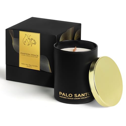 Pantera Peace Palo Santo Candle, Wood Wick Candles That Crackle, Scented Candle for Large Room, 40 Plus Burn Time, Wooden Wick Candles, Luxury Candle, Meditation Prosperity Aromatherapy Soy Candle