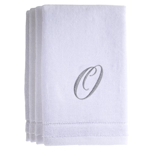 Monogrammed Towels Fingertip, Personalized Gift, 11 x 18 Inches - Set of 4- Silver Embroidered Towel - Extra Absorbent 100% Cotton- Soft Velour Finish - for Bathroom/ Kitchen/ Spa- Initial O (White)