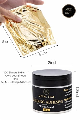 Image of Gold Leaf Kit, Gold Leaf Sheet 100 pc, and Gilding Adhesive 50ml Water Based Adhesive for Arts, Craft, Painting, Furniture and Decoration