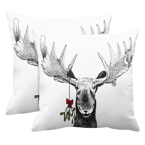 Emvency Decorative Throw Pillow Cover Square Size 20x20 Inches Fun Christmas Funny Sketch of Big Smiling Moose Winter Pillowcase with Hidden Zipper Decor Cushion Gift for Holiday Sofa Bed