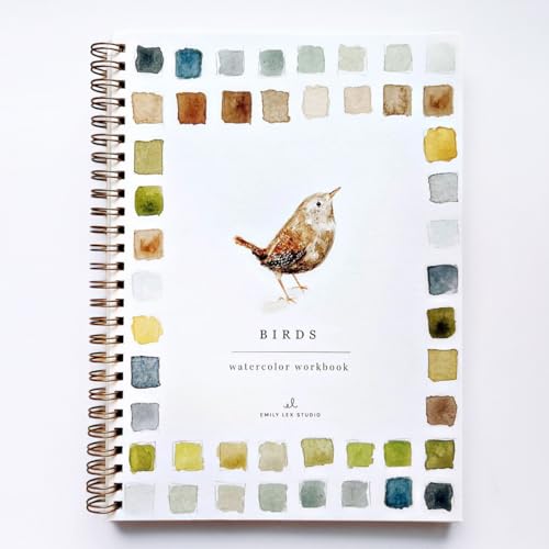 Birds Watercolor Workbook by Emily Lex Studio 12 Beginner Friendly Sketched Illustrations Lay Flat Spiral Pages 6.5 x 9 inch 120lb Watercolor Paper